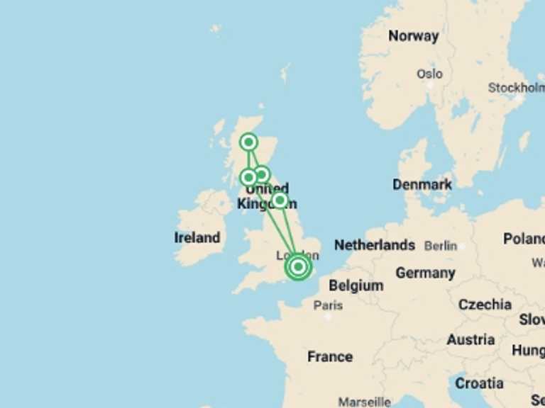 Map of 10-Day London Tour with 6 destination visits for the trip: London and Highlights of Scotland