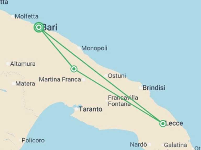 Map itinerary of Bari Tour in November 2026 with 3 destination visits for the trip: Best of Puglia: Small Group Tour