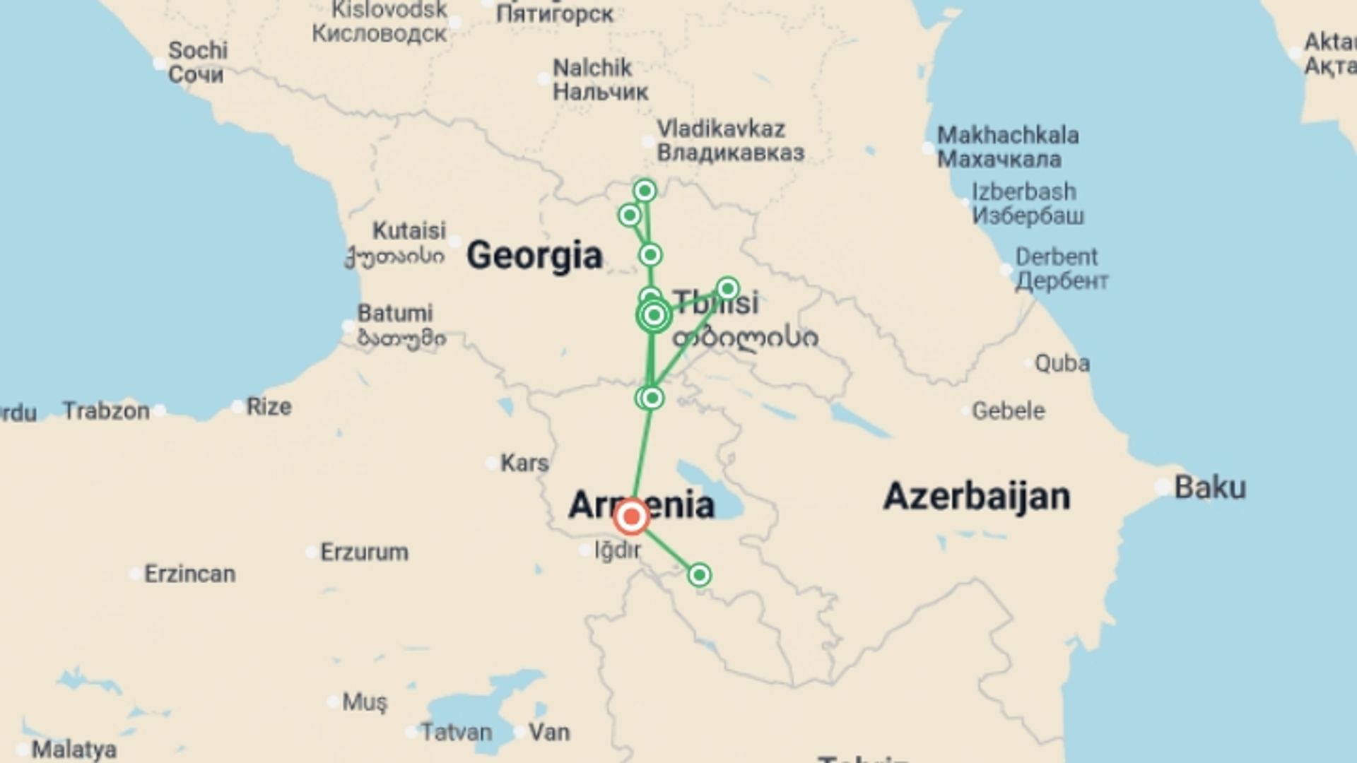 A map showing the tour itinerary for the trip: Caucasus Explorer - 9 days, starting in Tbilisi, Georgia and ending in Yerevan, Armenia going through 0 other destinations.