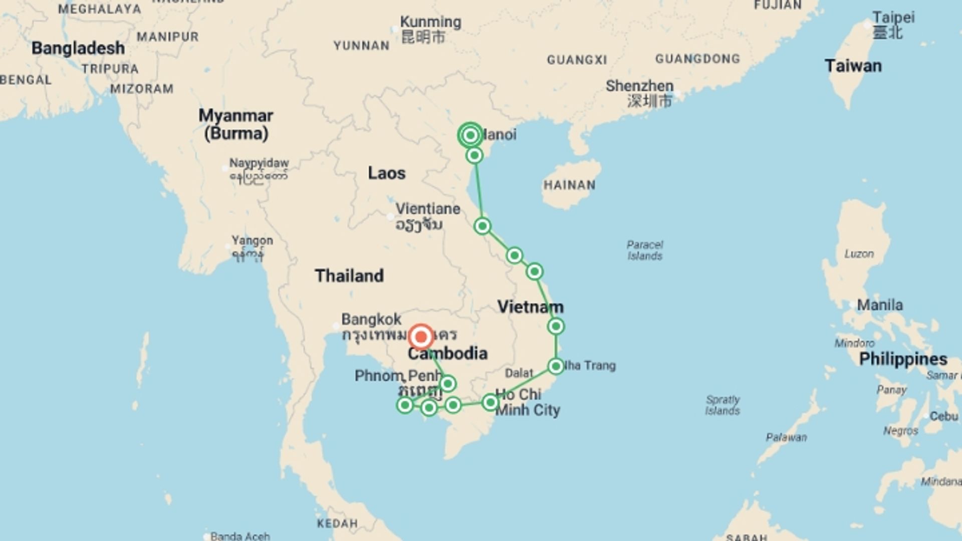 A map showing the tour itinerary for the trip: Vietnam to Cambodia: Hanoi Hostels, Beaches & Ancient Ruins, starting in Hanoi, Vietnam and ending in Siem Reap, Cambodia going through 11 other destinations.