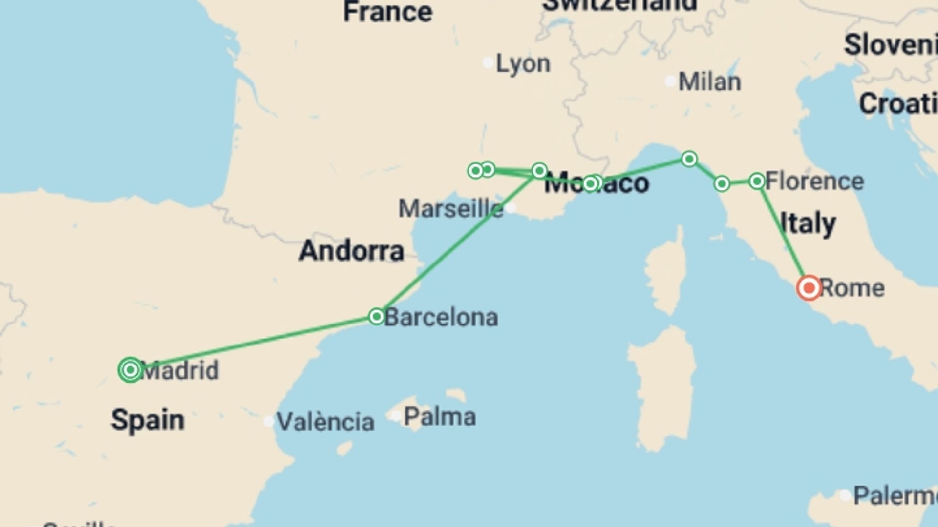 A map showing the tour itinerary for the trip: Mediterranean Highlights, starting in Madrid, Spain and ending in Rome, Italy going through 5 other destinations.