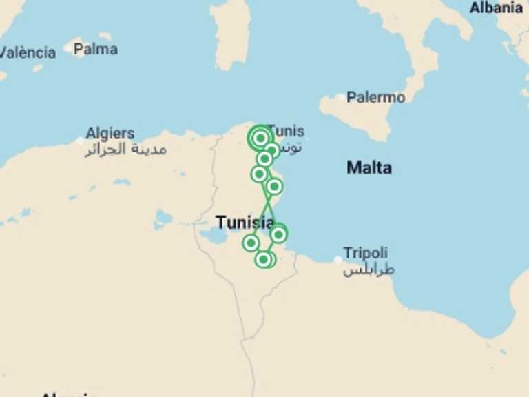 Map itinerary of Mediterranean Tour in May 2026 with 4 destination visits for the trip: Berbers & Diars By 4-wheelers, Small Group Tour