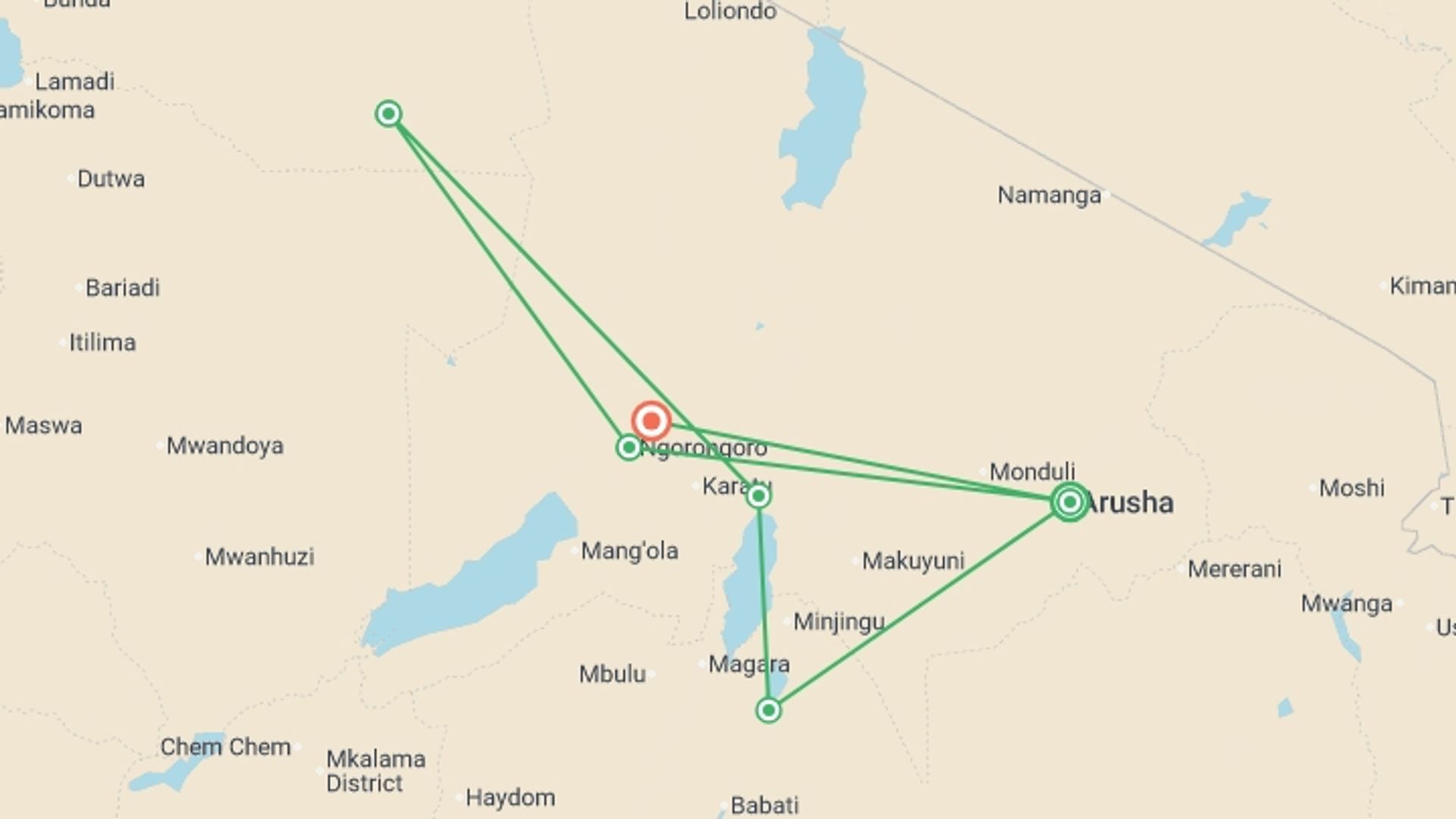 A map showing the tour itinerary for the trip: Classic Tanzania Safari, starting in Arusha, Tanzania and ending in Ngorongoro Crater, Tanzania going through 4 other destinations.