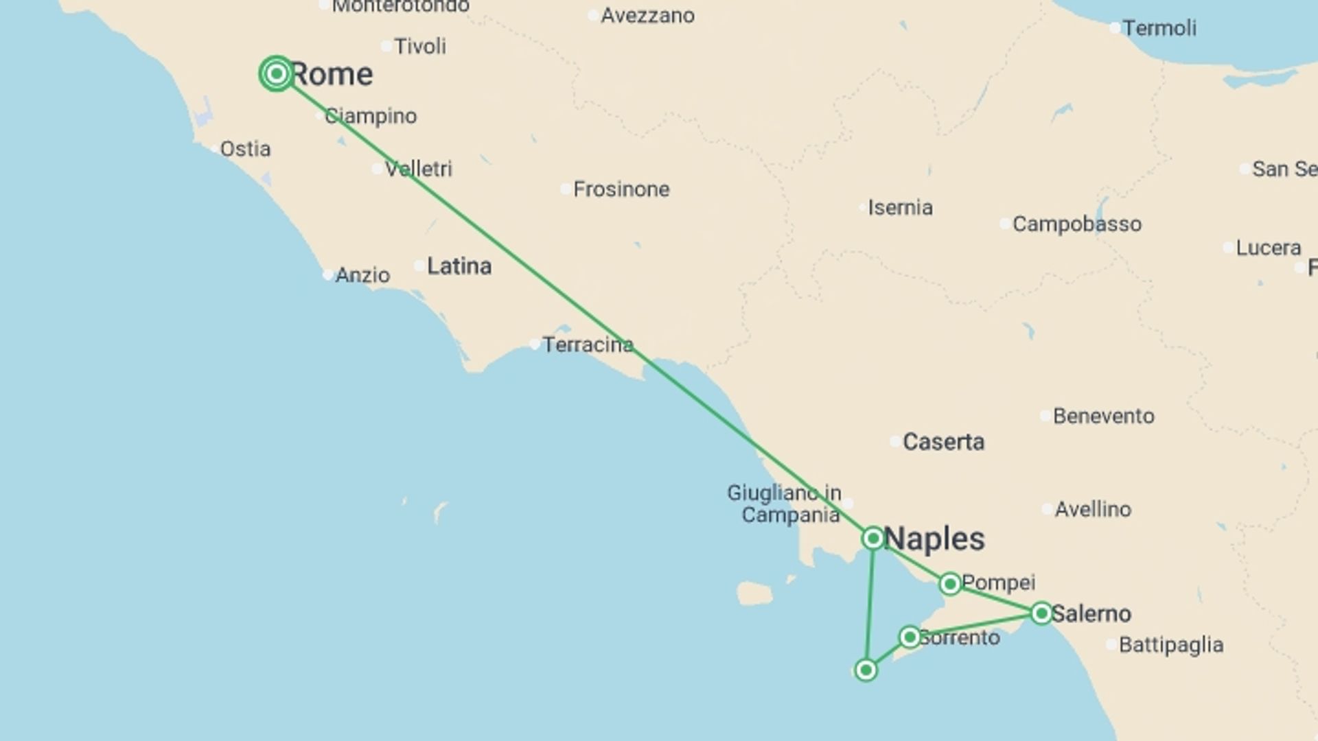 A map showing the tour itinerary for the trip: Sorrento, Capri and Pompeii, starting in Rome, Italy and ending in Rome, Italy going through 1 other destinations.