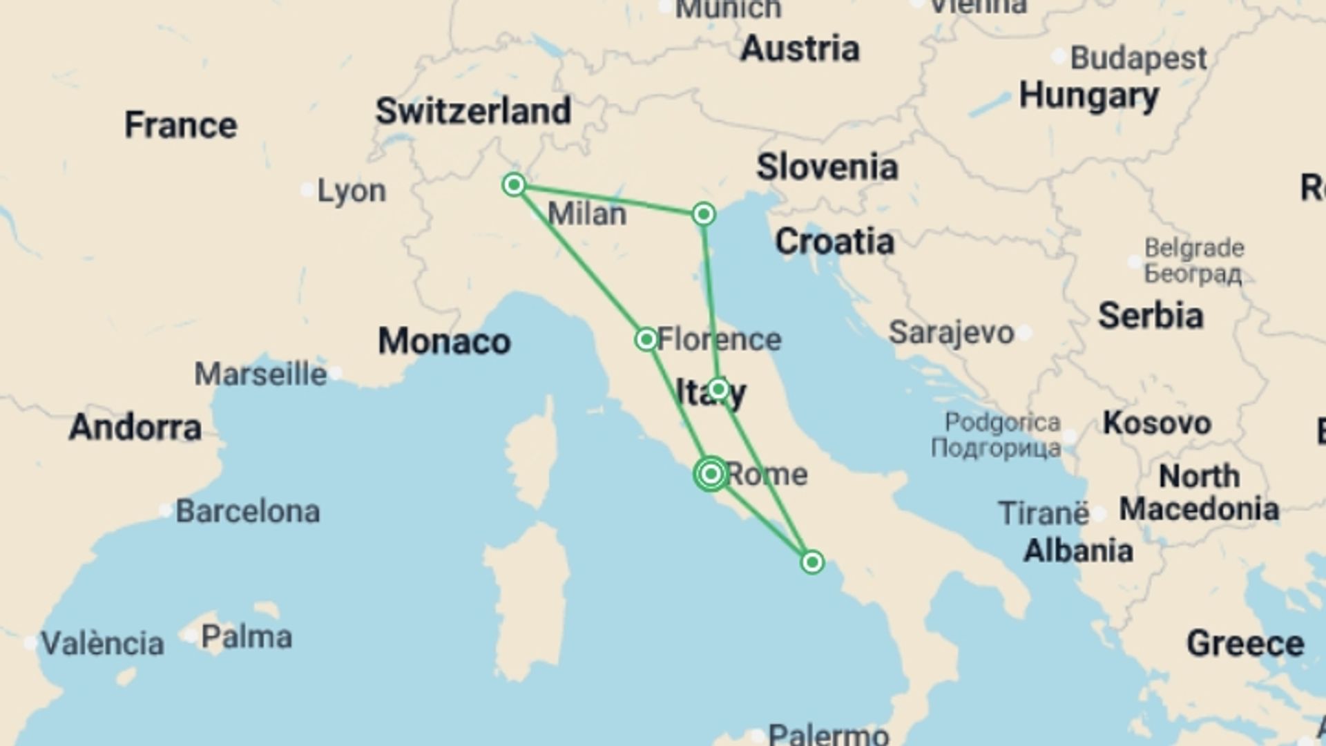 A map showing the tour itinerary for the trip: Best of Italy, starting in Rome, Italy and ending in Rome, Italy going through 5 other destinations.