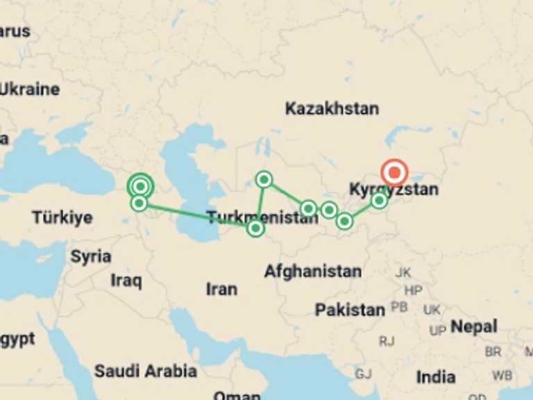 Map of Bishkek Explorer Tour with 9 destination visits for the trip: Tbilisi To Bishkek (54 Days)