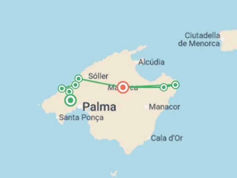 Map itinerary of Europe Tour in April 2026 with 8 destination visits for the trip: Walking in Mallorca