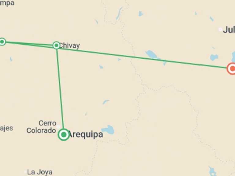 Map of a Adventure Tour with 3 destination visits for the trip: Colca Canyon Trekking 2D/1N & Transfer to Puno