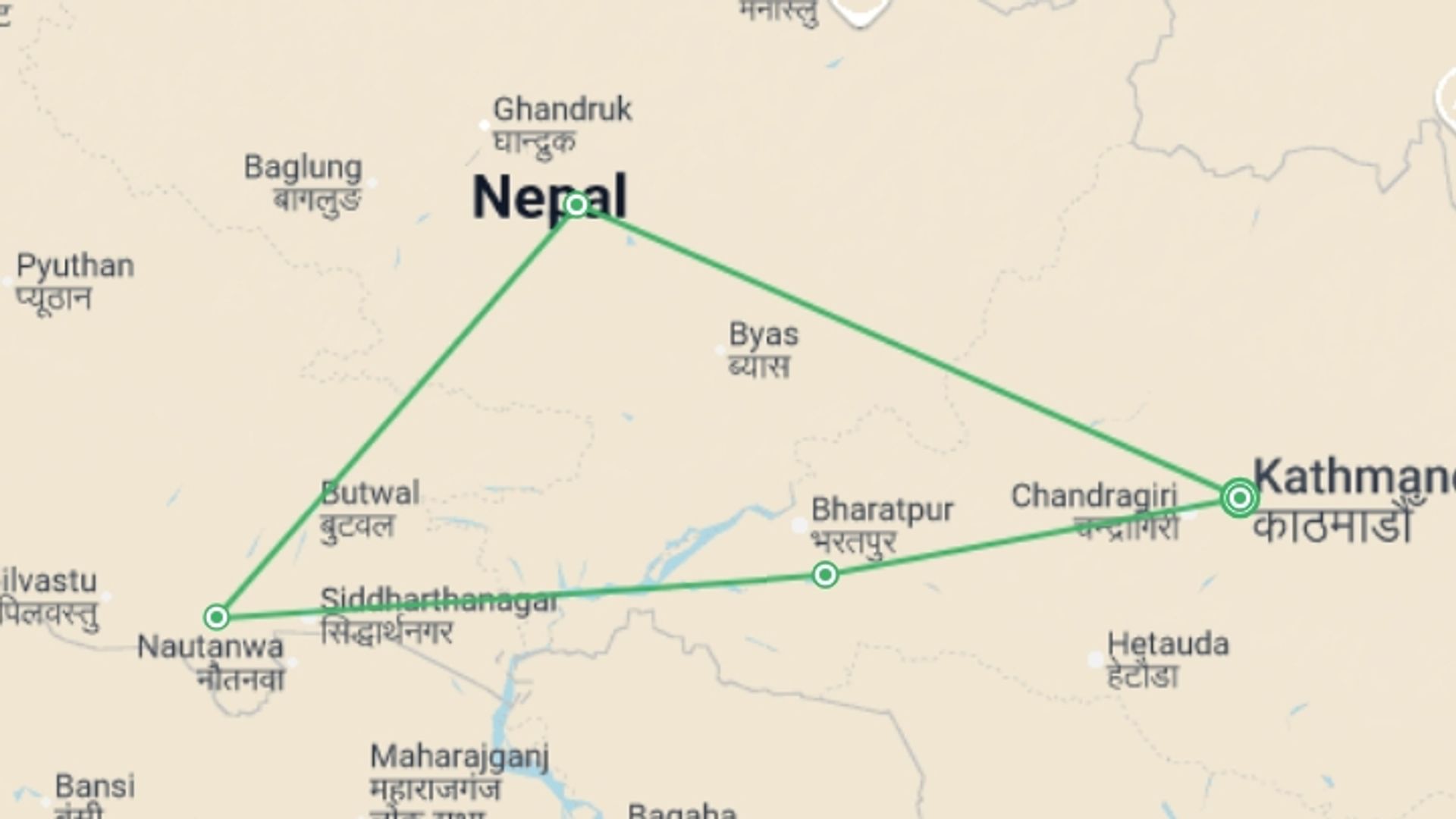 A map showing the tour itinerary for the trip: Nepal Adventure 8D/7N (Private Transport), starting in Kathmandu, Nepal and ending in Kathmandu, Nepal going through 3 other destinations.