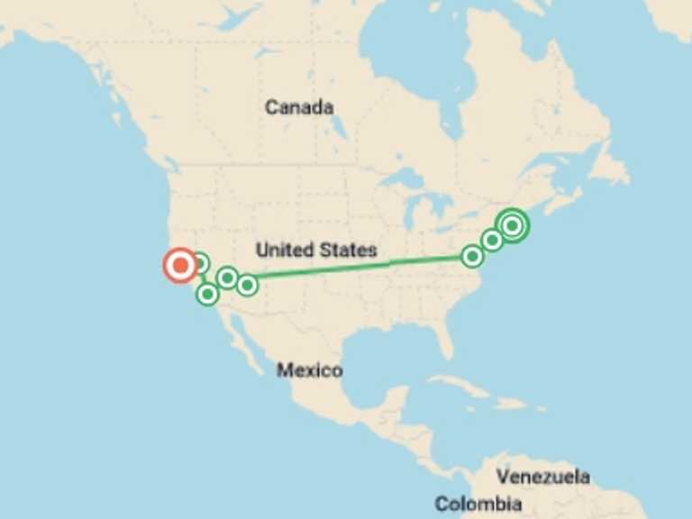 Map of North America Tour with 8 destination visits for the trip: Essential East & West Coast Explorer - 13 days