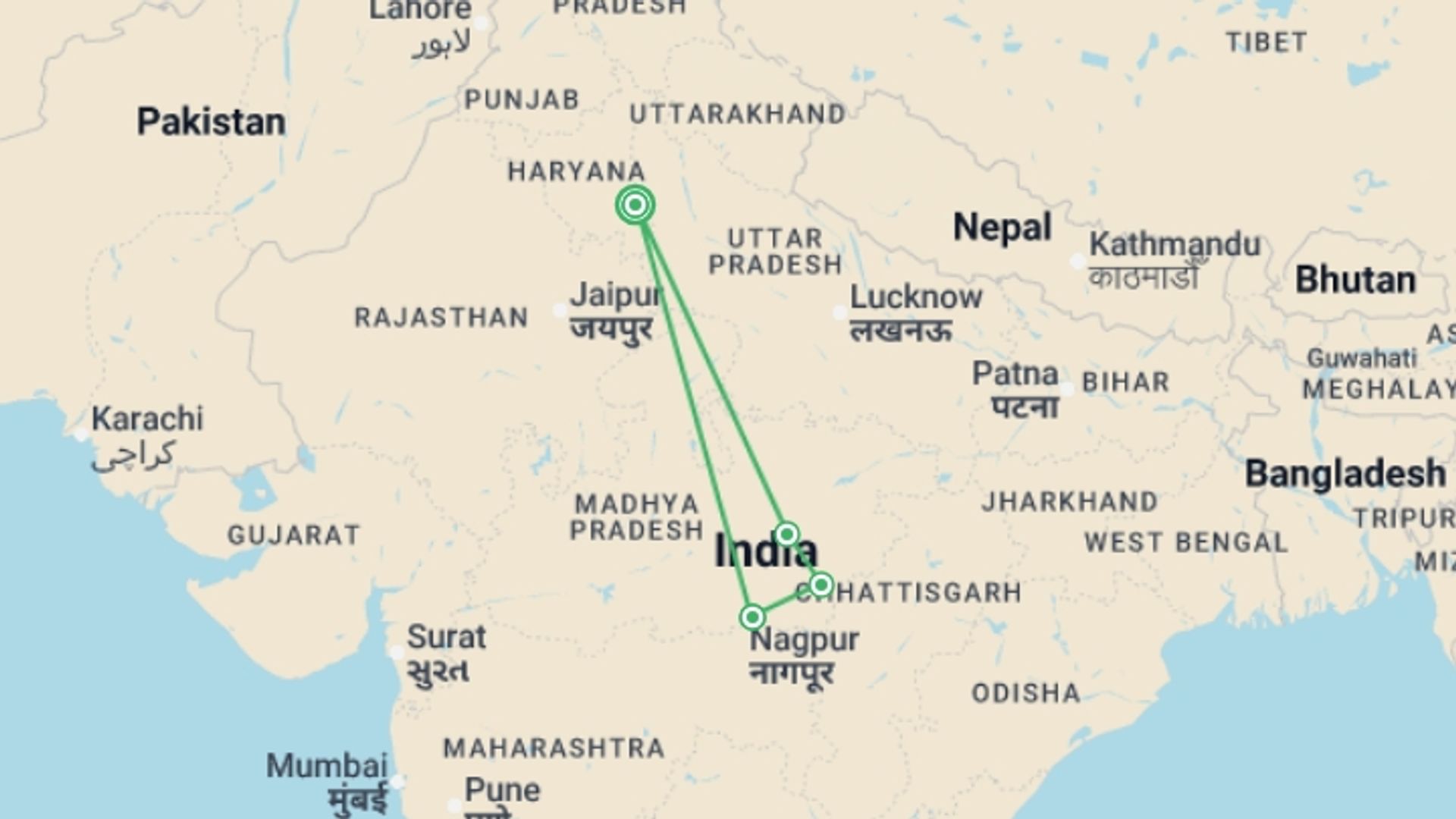 A map showing the tour itinerary for the trip: Tiger Trail - 9 days, starting in New Delhi, India and ending in New Delhi, India going through 3 other destinations.