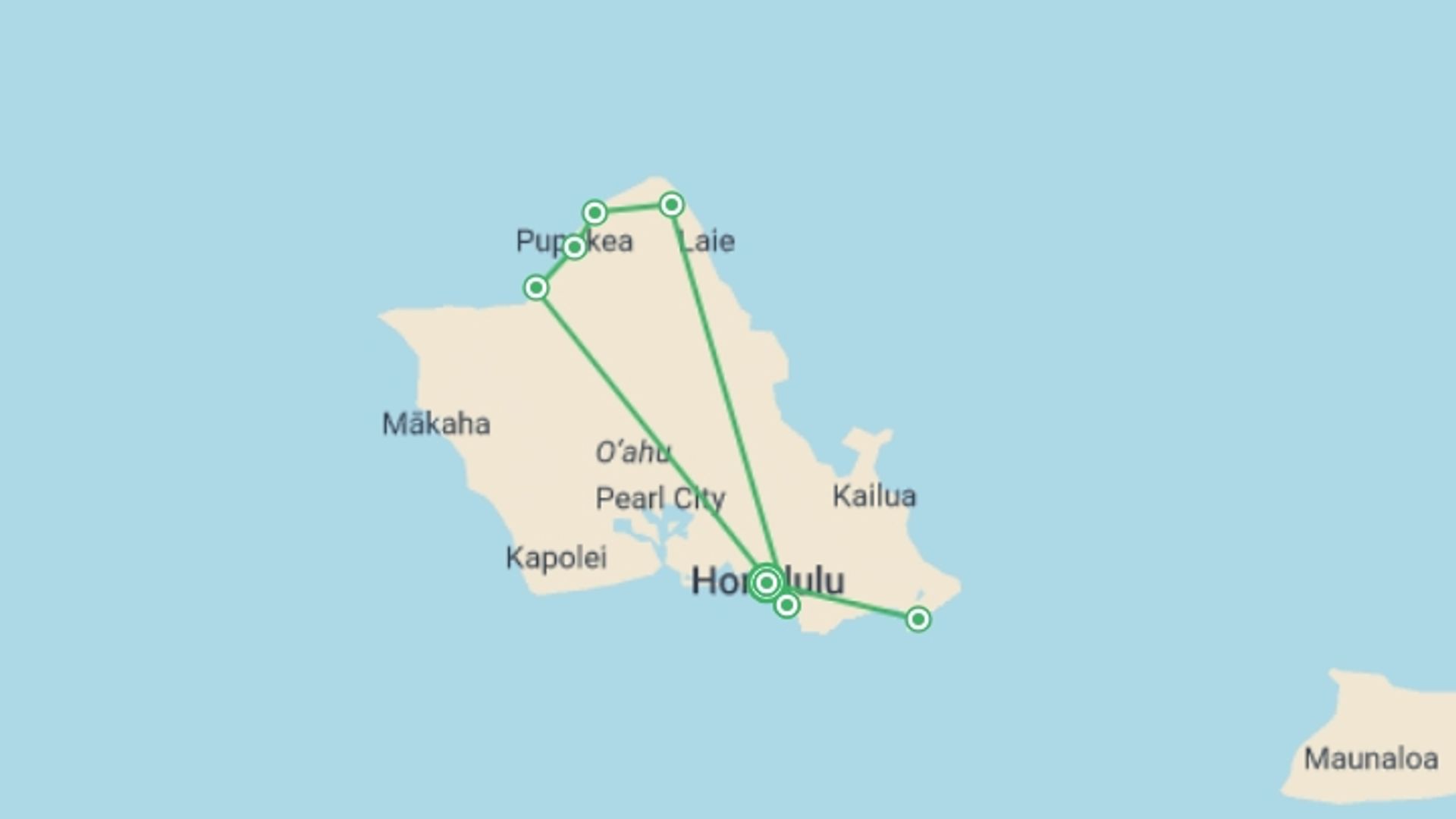 A map showing the tour itinerary for the trip: Honolulu Hawaii Experience 7D/6N, starting in Honolulu, USA and ending in Honolulu, USA going through 1 other destinations.