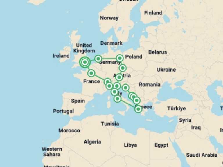 Map of Europe Tour with 15 destination visits for the trip: Central & Southeastern Europe: A Cultural Circuit