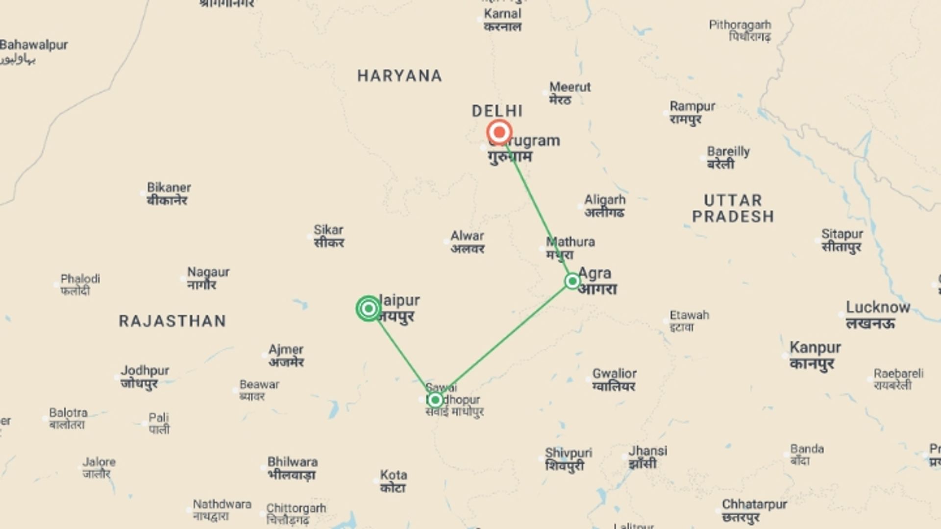 A map showing the tour itinerary for the trip: India: Golden Triangle, starting in Jaipur, India and ending in New Delhi, India going through 2 other destinations.