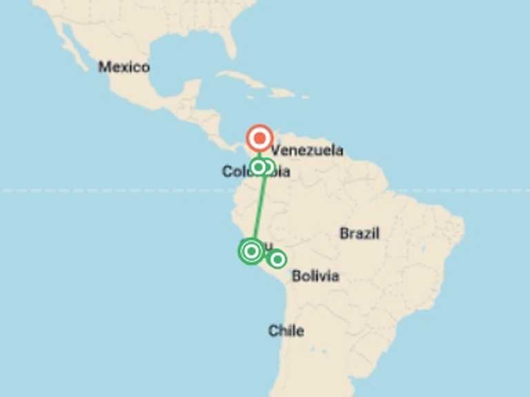Map itinerary of Lima Tour in Spring with 7 destination visits for the trip: Charming Peru and Colombia