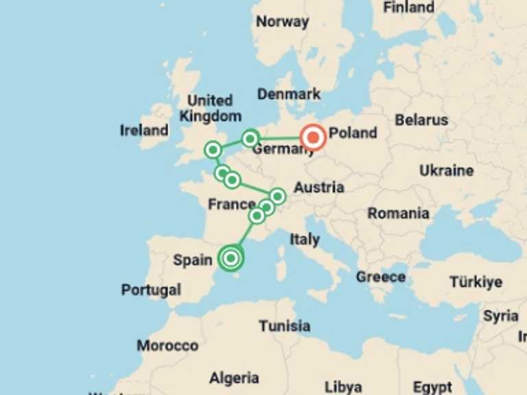 Map of Europe Tour with 11 destination visits for the trip: Wonderful Holidays end Berlin