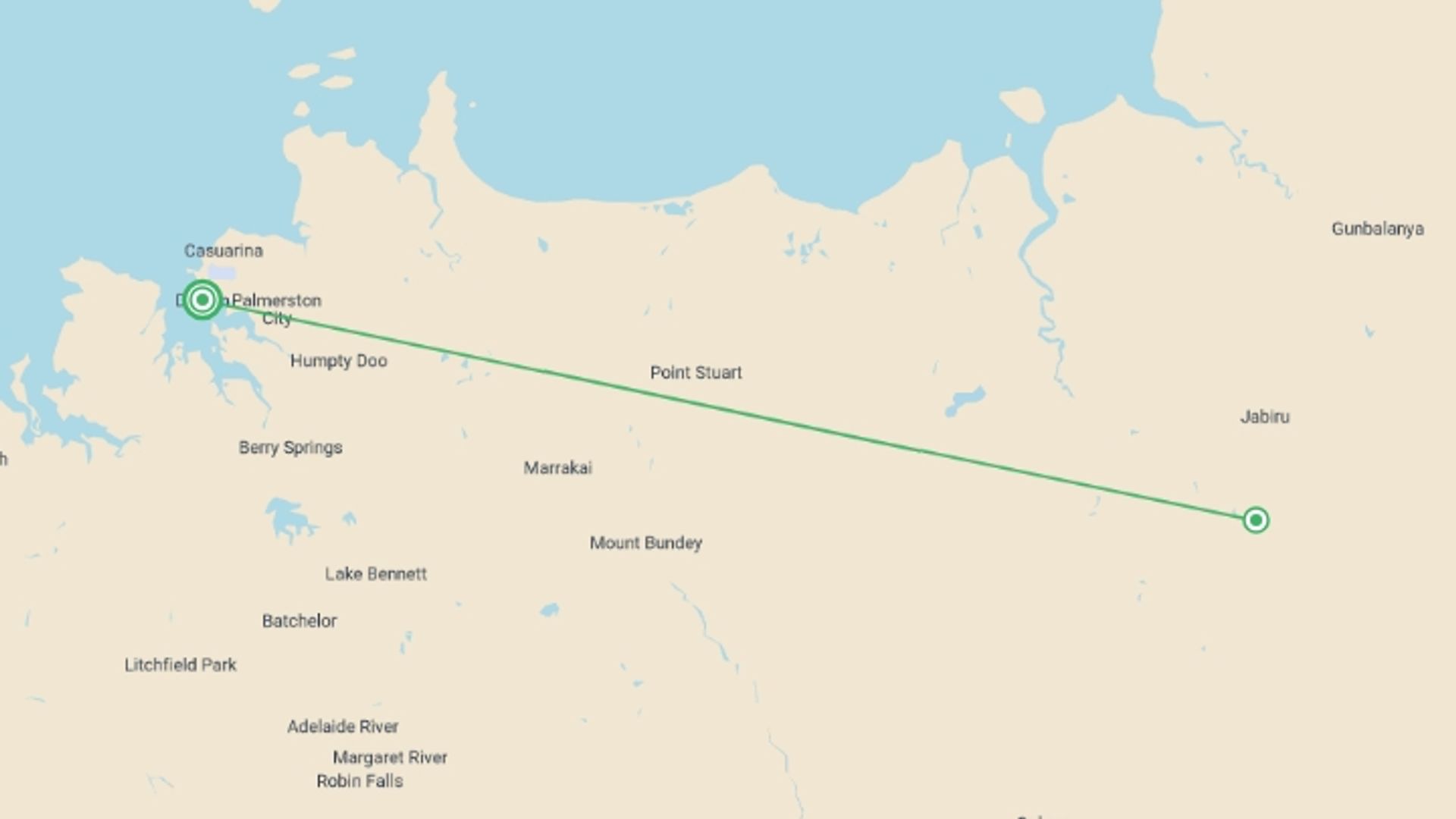 A map showing the tour itinerary for the trip: Kakadu and East Alligator River, starting in Darwin, Australia and ending in Darwin, Australia going through 2 other destinations.
