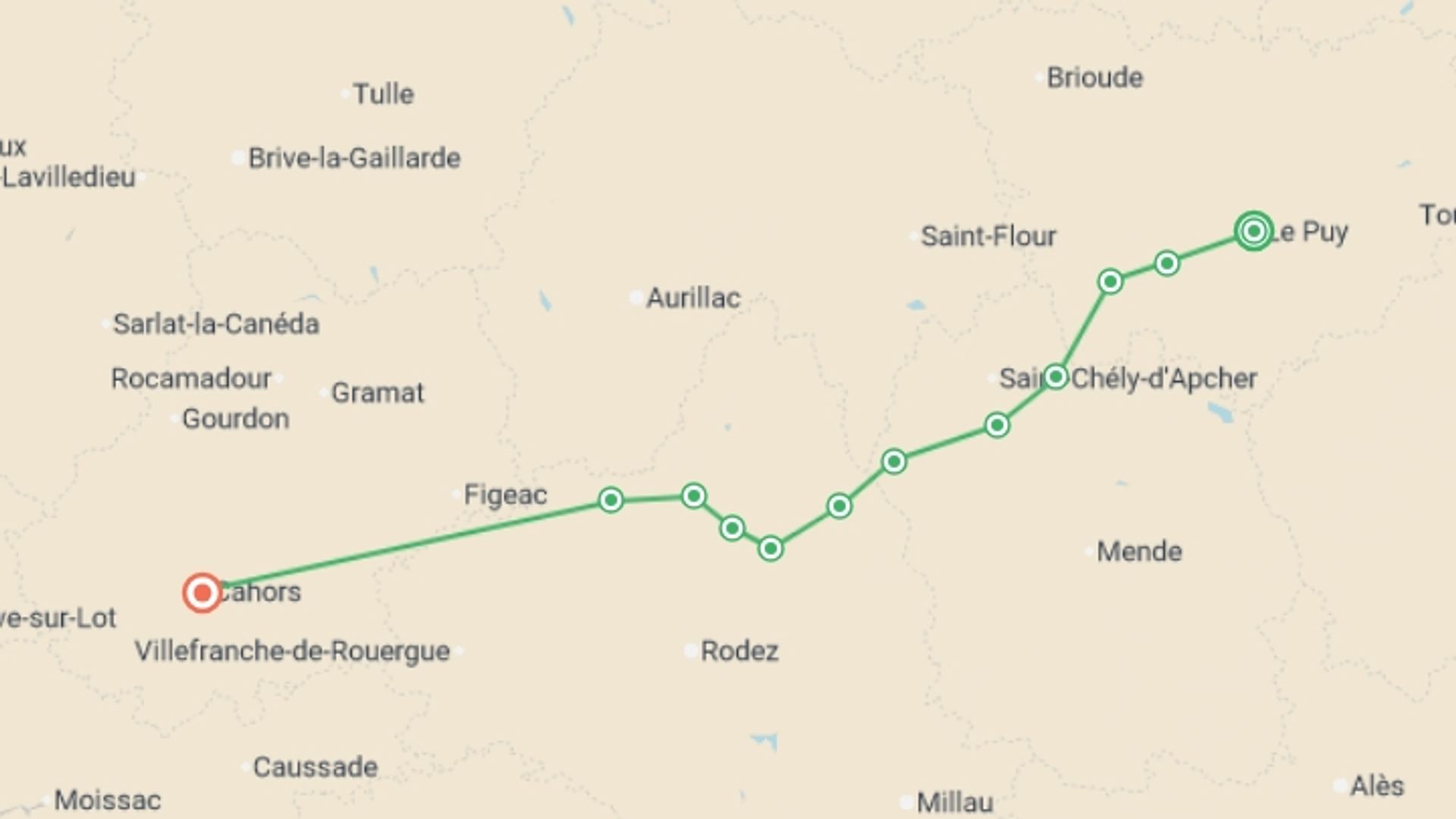 A map showing the tour itinerary for the trip: Le Puy Camino - Le Puy to Conques, starting in Le Puy-en-Velay, France and ending in Cahors, France going through 11 other destinations.