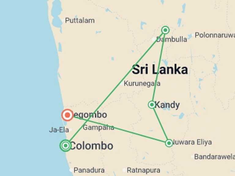 Map itinerary of Negombo Tour in February 2027 with 5 destination visits for the trip: Best of Sri Lanka