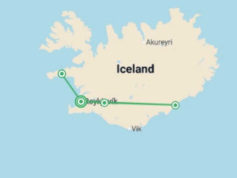 Map itinerary of Europe Tour in Spring with 4 destination visits for the trip: Iceland (Winter): Geysers & Glaciers