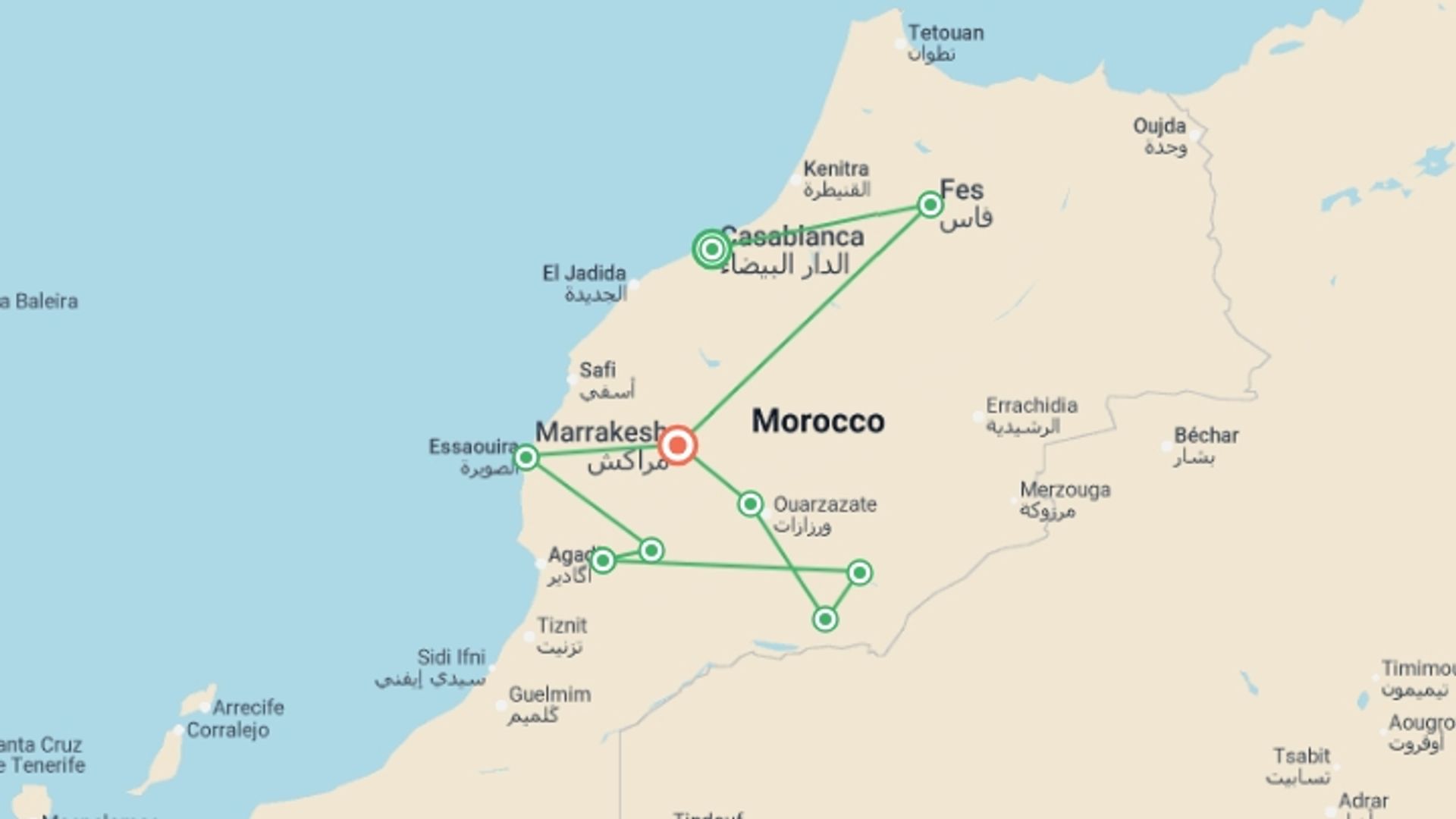 A map showing the tour itinerary for the trip: Journeys: Morocco in Depth, starting in Casablanca, Morocco and ending in Marrakech, Morocco going through 8 other destinations.
