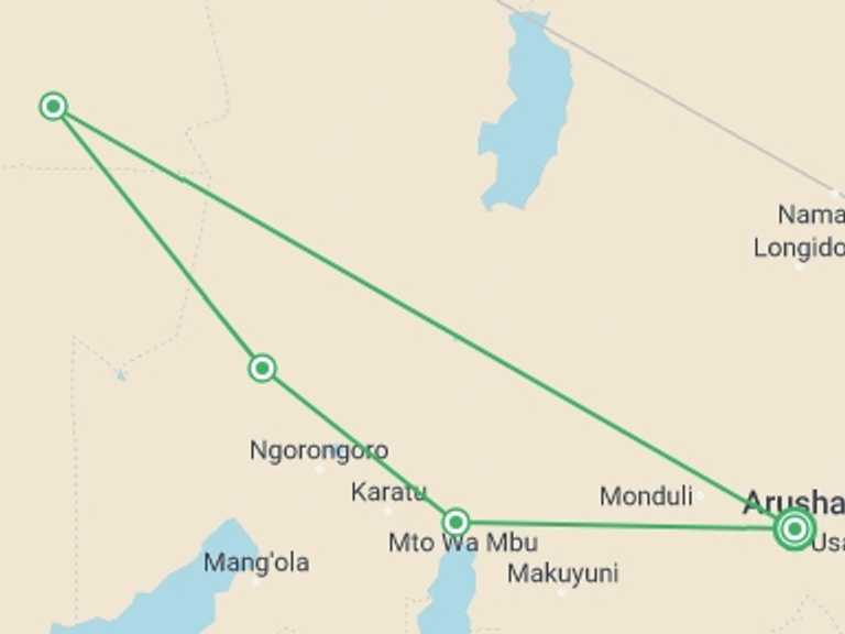 Map of 4-Day Ngorongoro Crater Tour with 5 destination visits for the trip: 4 Day Ngorongoro Crater Safari Experience