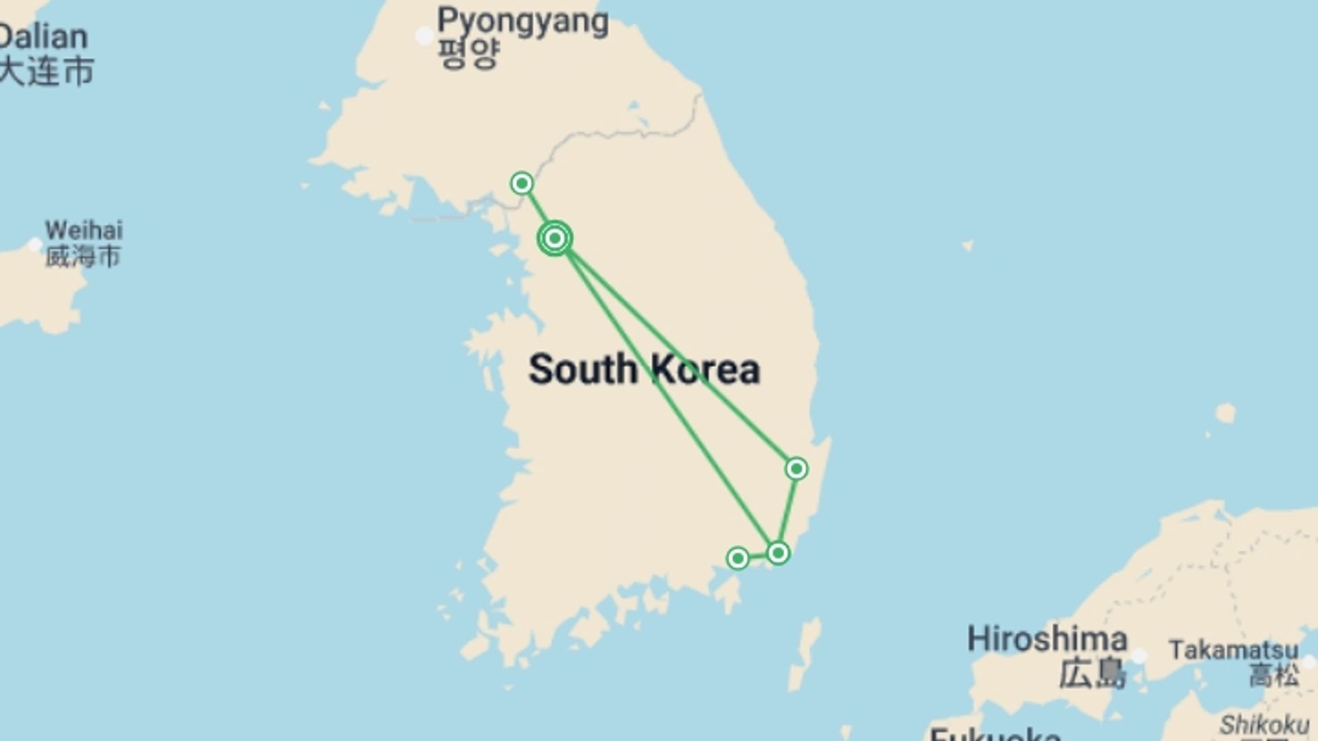 A map showing the tour itinerary for the trip: South Korea Cherry Blossom Festival - 9 days, starting in Seoul, South Korea and ending in Seoul, South Korea going through 1 other destinations.