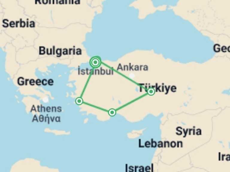 Map of Antalya Art and architecture Tour with 4 destination visits for the trip: Turkish Breeze