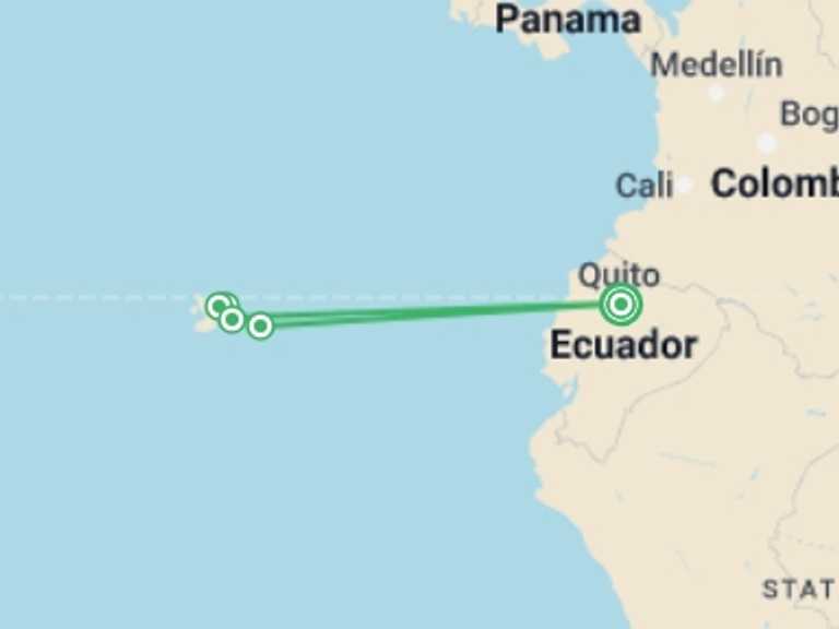 Map itinerary of Quito Tour in October 2025 with 5 destination visits for the trip: Galapagos Encounter: Central Islands (Grand Queen Beatriz)
