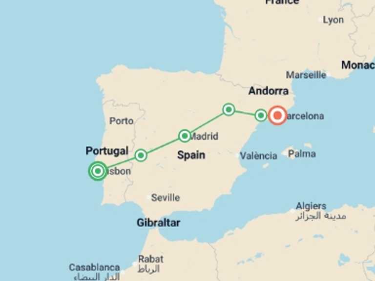 Map itinerary of Europe Tour in June 2026 with 3 destination visits for the trip: Lisbon, Madrid and Barcelona