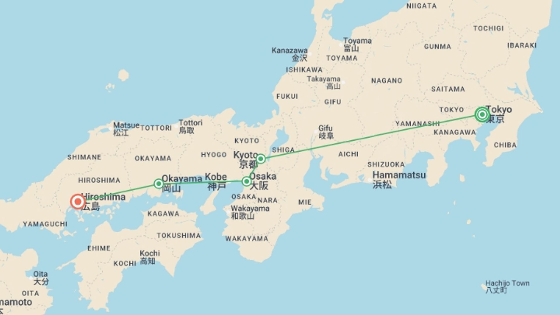 A map showing the tour itinerary for the trip: Tokyo, Kyoto and Hiroshima, starting in Tokyo, Japan and ending in Hiroshima, Japan going through 3 other destinations.