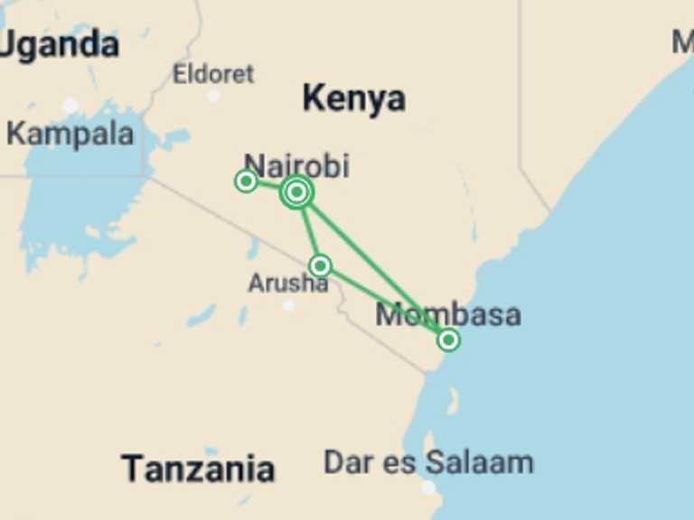 Map of Africa Tour with 5 destination visits for the trip: 9 Days Masai Mara, Amboseli, Mombasa Safari