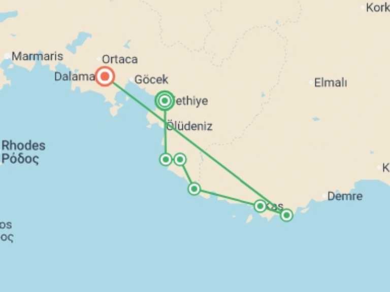Map itinerary of Mediterranean Tour in October 2026 with 8 destination visits for the trip: Hiking Turkey's Lycian Way