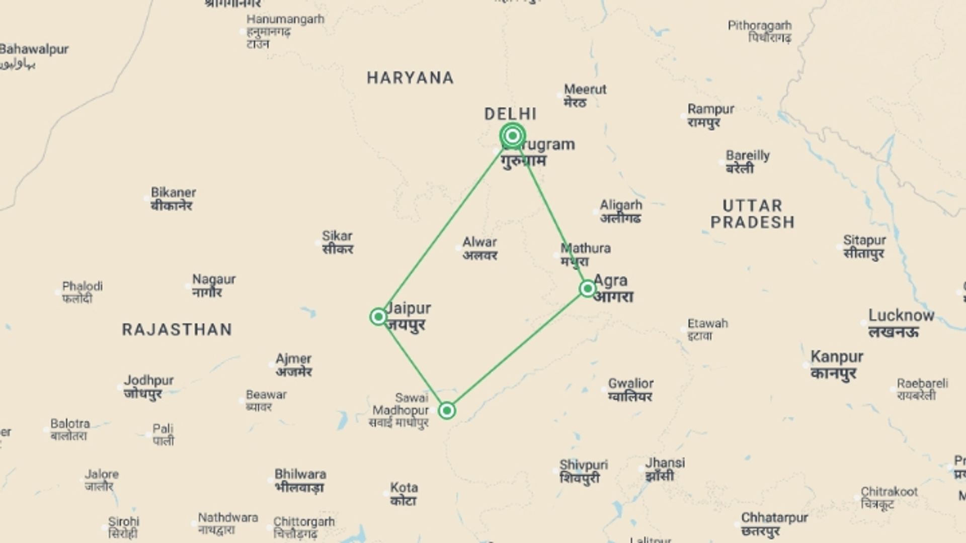 A map showing the tour itinerary for the trip: Golden Triangle & Tiger Experience 9D/8N, starting in New Delhi, India and ending in New Delhi, India going through 3 other destinations.