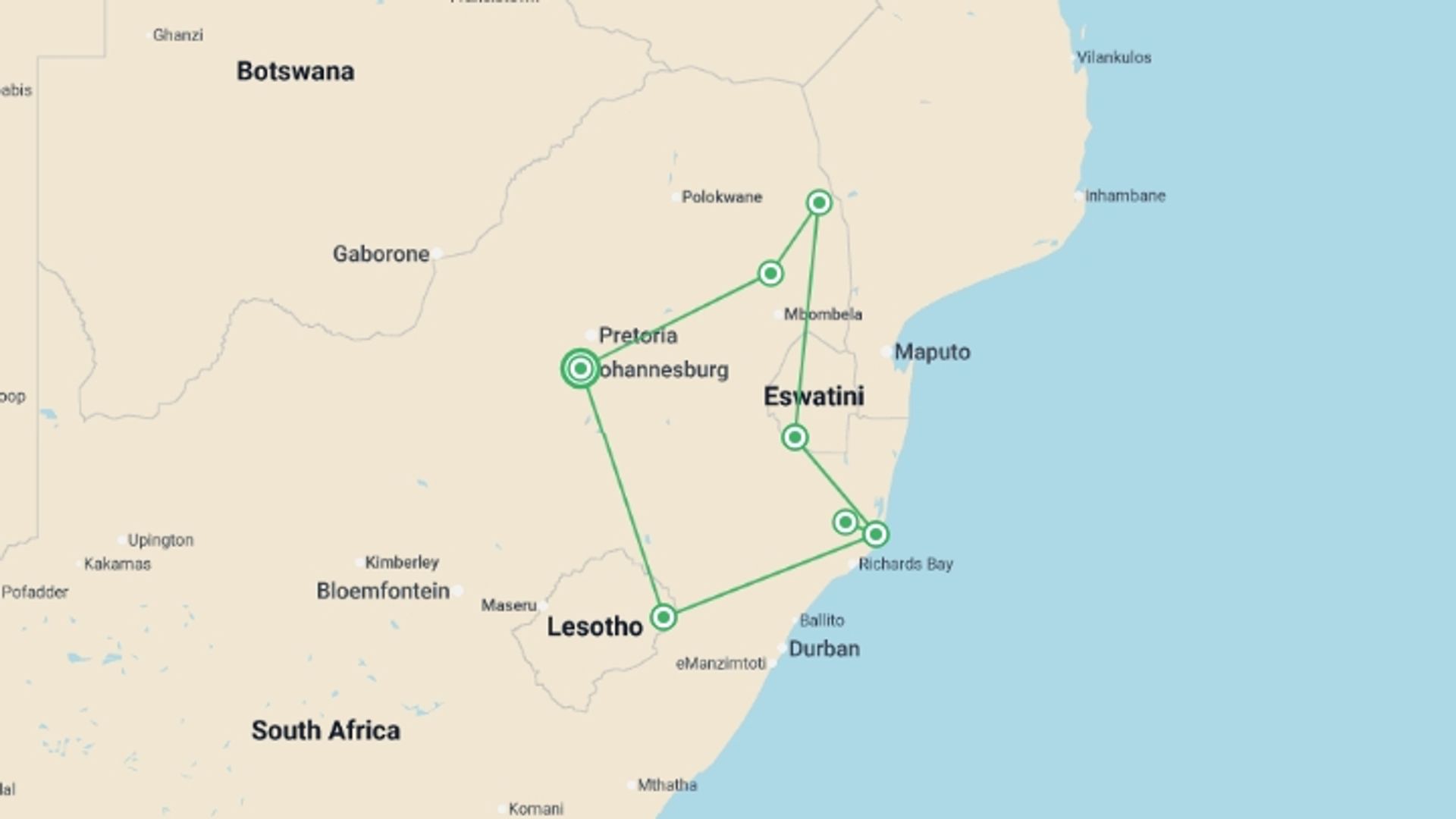 A map showing the tour itinerary for the trip: South Africa & Eswatini, starting in Johannesburg, South Africa and ending in Johannesburg, South Africa going through 6 other destinations.