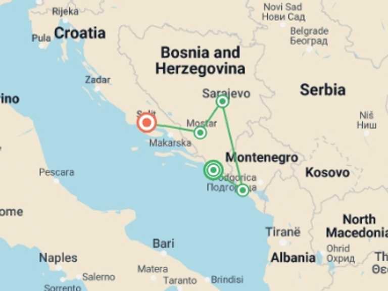Map of Sarajevo Adventure Tour with 6 destination visits for the trip: Best of the Balkans
