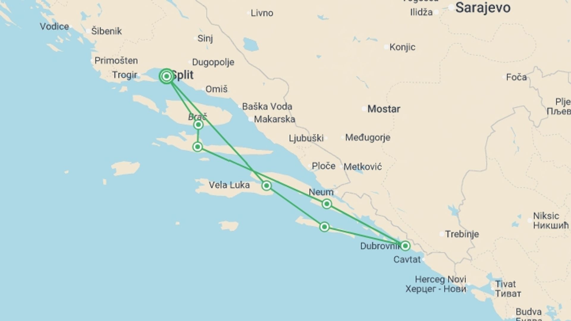 A map showing the tour itinerary for the trip: Creme de la Croatia Deluxe - 8 days, starting in Split, Croatia and ending in Split, Croatia going through 6 other destinations.