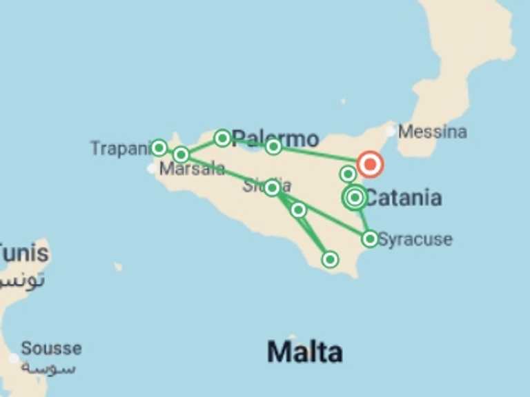 Map of 15-Day Europe Tour with 10 destination visits for the trip: Sicily Grand Tour