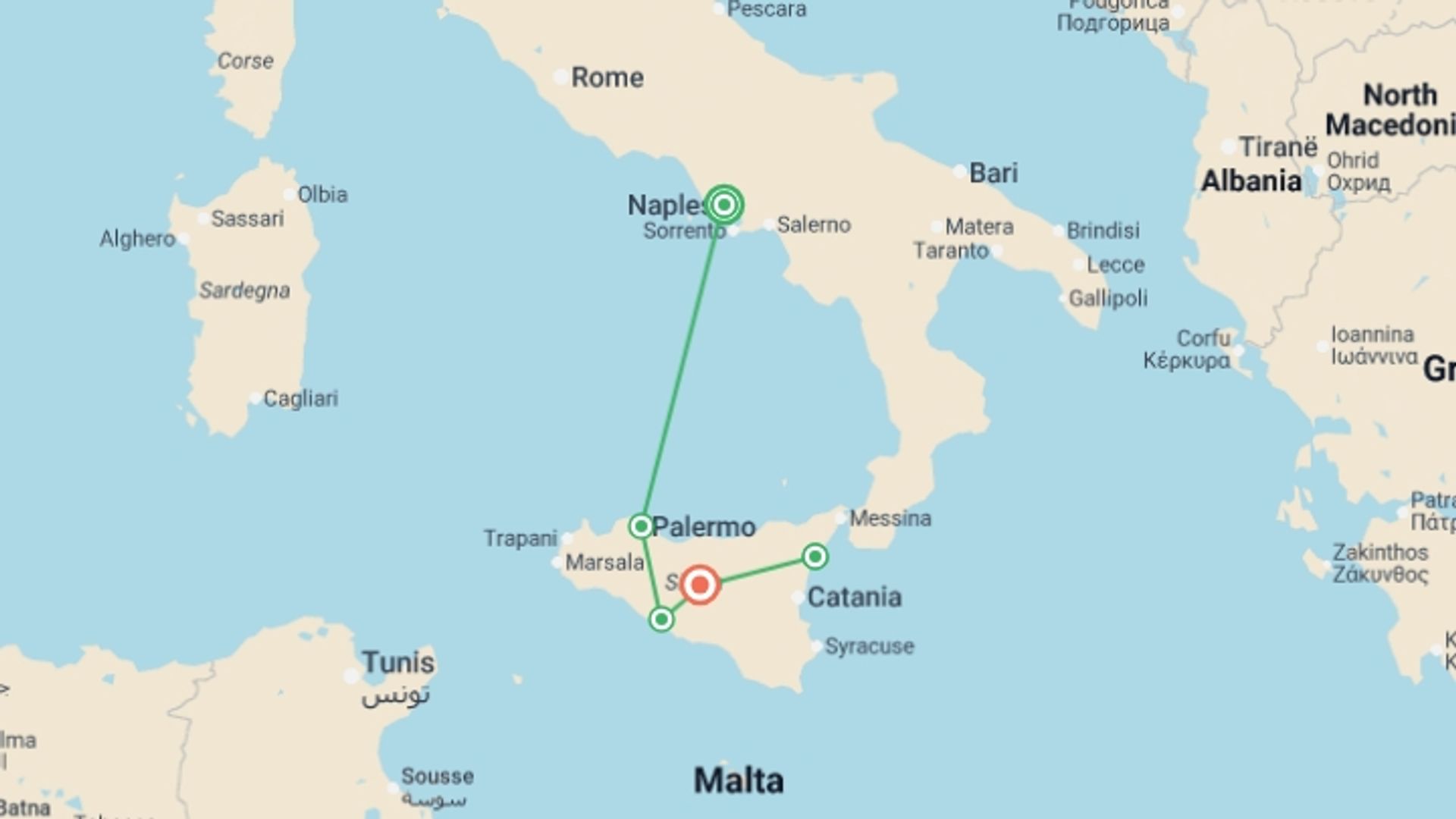A map showing the tour itinerary for the trip: Southern Splendours: Campania & Sicily Discovery, starting in Naples, Italy and ending in Sicily, Italy going through 4 other destinations.