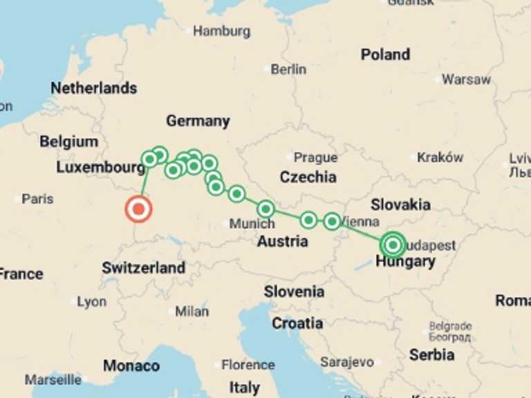 Map of Strasbourg Romantic Tour with 10 destination visits for the trip: Trans-European cruise from Budapest to Strasbourg (port-to-port cruise)