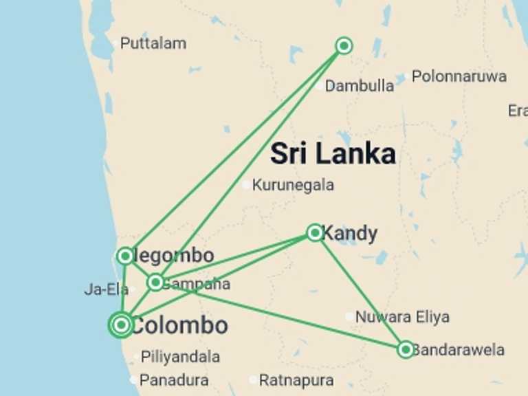 Map of a Volunteering Tour with 6 destination visits for the trip: Sri Lanka Highlands Voluntour 14D/13N
