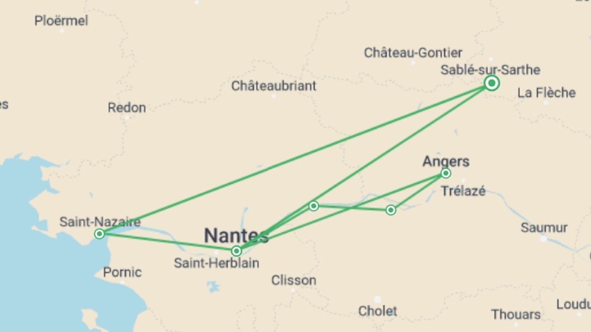 A map showing the tour itinerary for the trip: Christmas on the Loire (port-to-port cruise), starting in Pays de la Loire, France and ending in Pays de la Loire, France going through 5 other destinations.