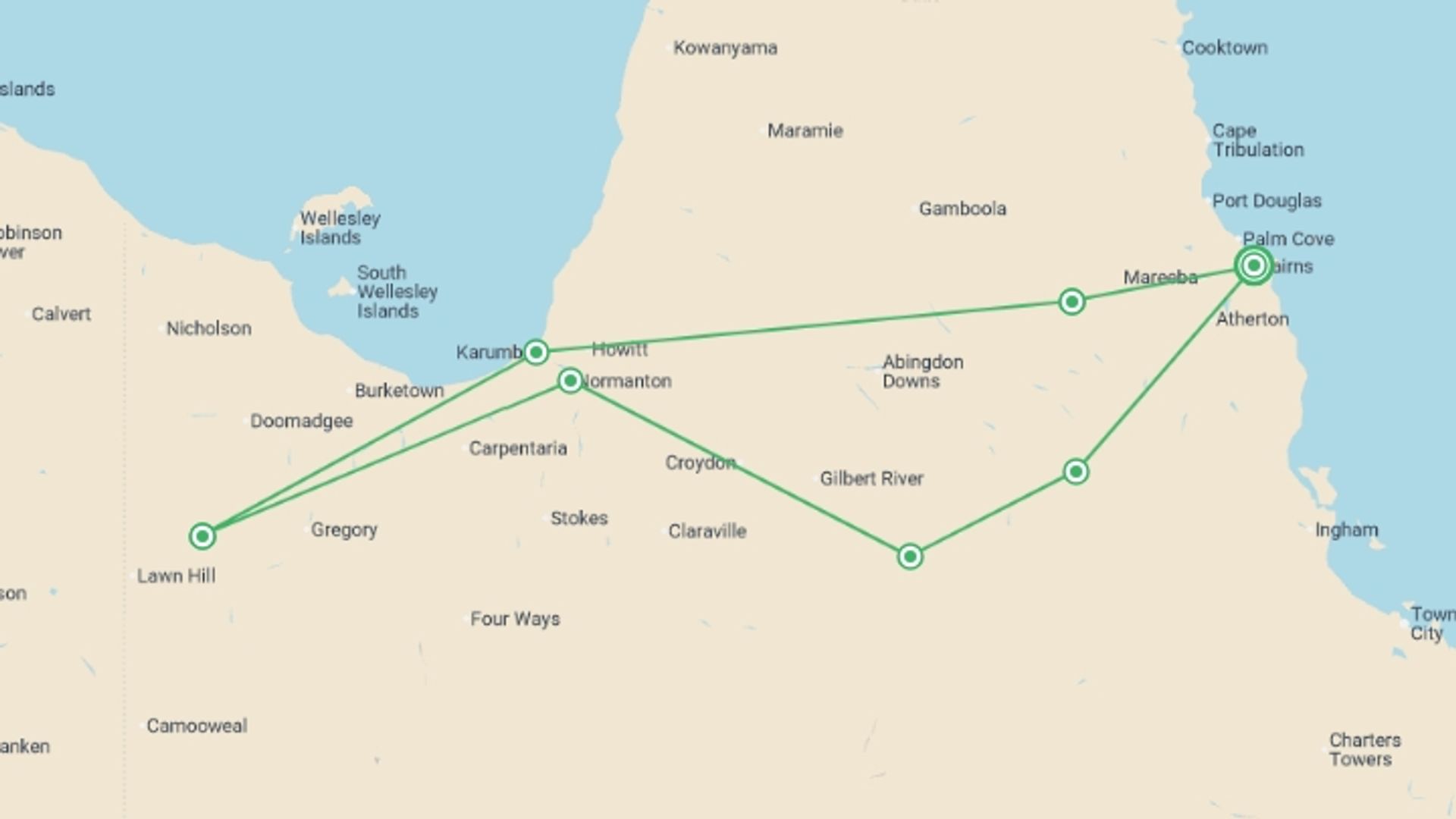 A map showing the tour itinerary for the trip: Gulf Savannah Wanderer, starting in Cairns, Australia and ending in Cairns, Australia going through 7 other destinations.