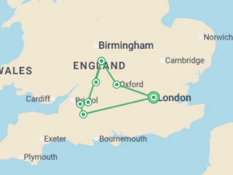 Map itinerary of London Tour in October 2026 with 3 destination visits for the trip: Heart of England