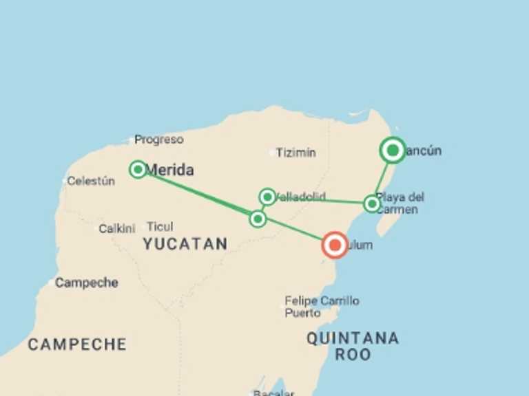 Map itinerary of Mexico Tour in December 2026 with 8 destination visits for the trip: Premium Mexico Yucatan Highlights