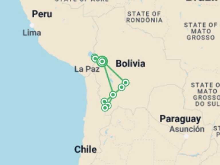 Map of a Museum and gallery visits Tour with 10 destination visits for the trip: Best of Bolivia: 15-Day Tour