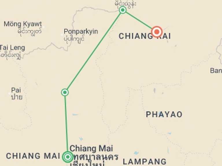 Map itinerary of Thailand Tour in November 2026 with 4 destination visits for the trip: Chiang Mai to Chiang Rai by Bike