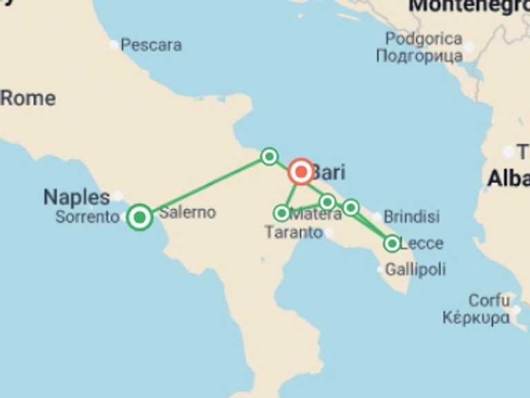 Map itinerary of Bari Tour in August 2026 with 7 destination visits for the trip: Southern Italy: Amalfi Coast & Puglia