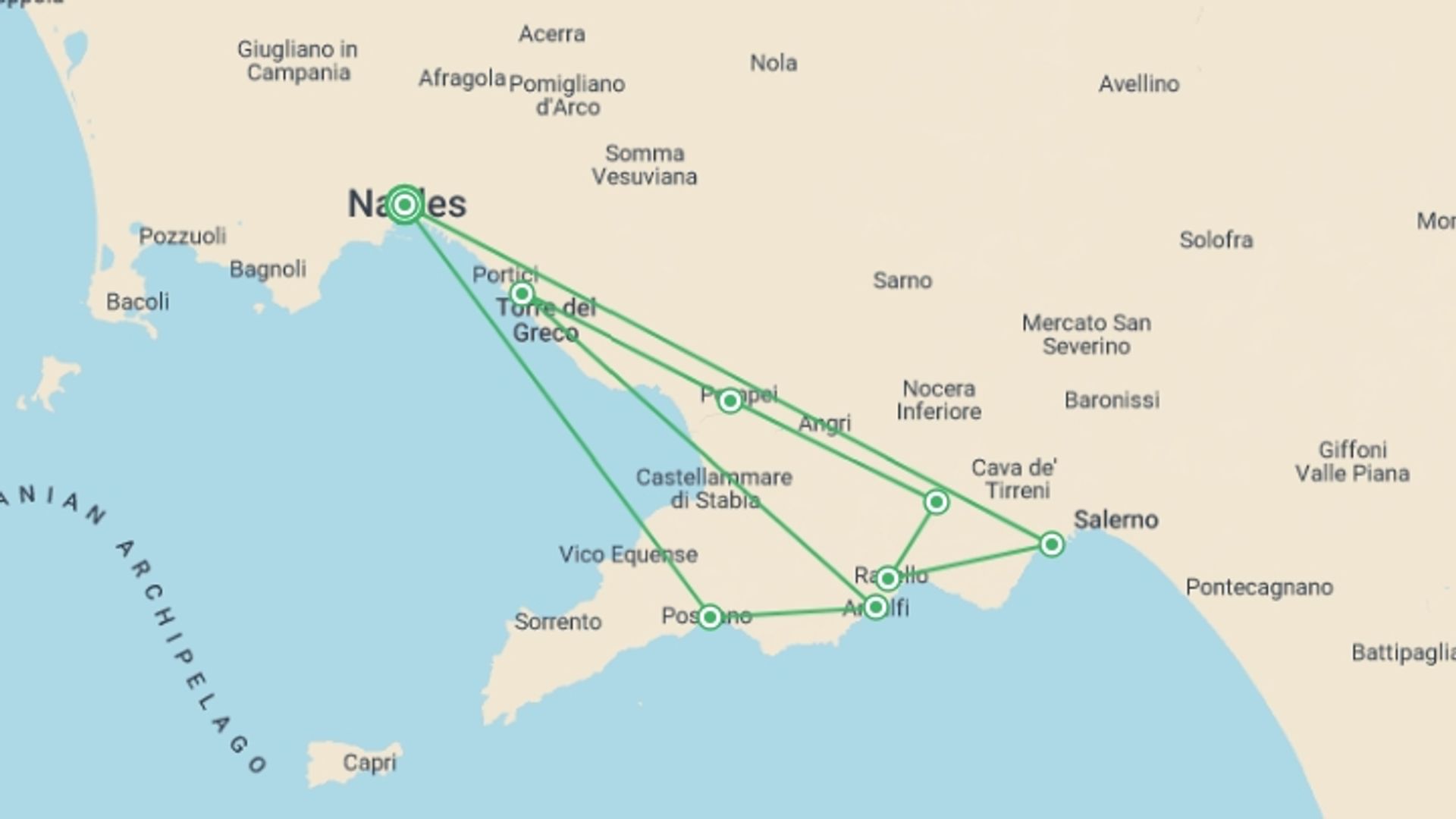 A map showing the tour itinerary for the trip: Amalfi Coast Walking - Coastal Hotel, starting in Naples, Italy and ending in Naples, Italy going through 6 other destinations.