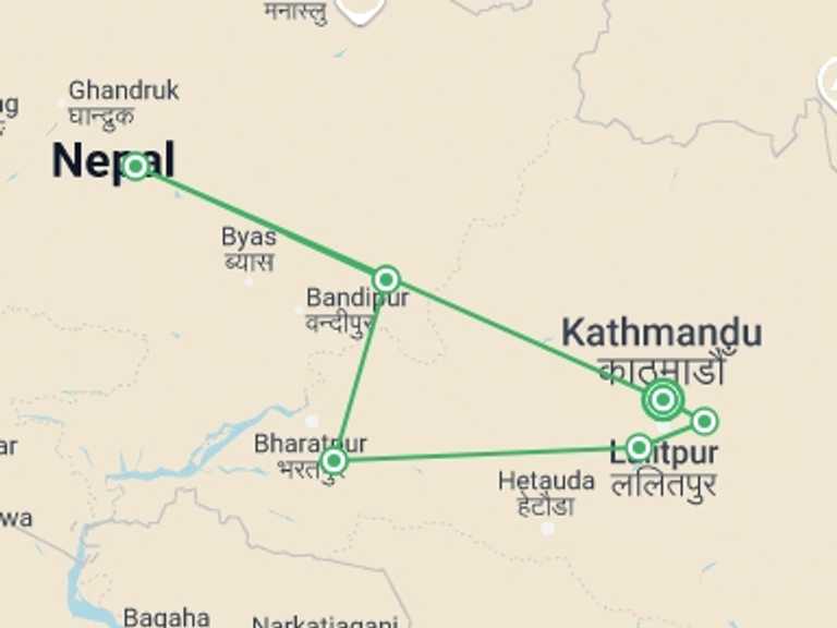 Map of Kathmandu Explorer Tour with 6 destination visits for the trip: Solo-ish Nepal